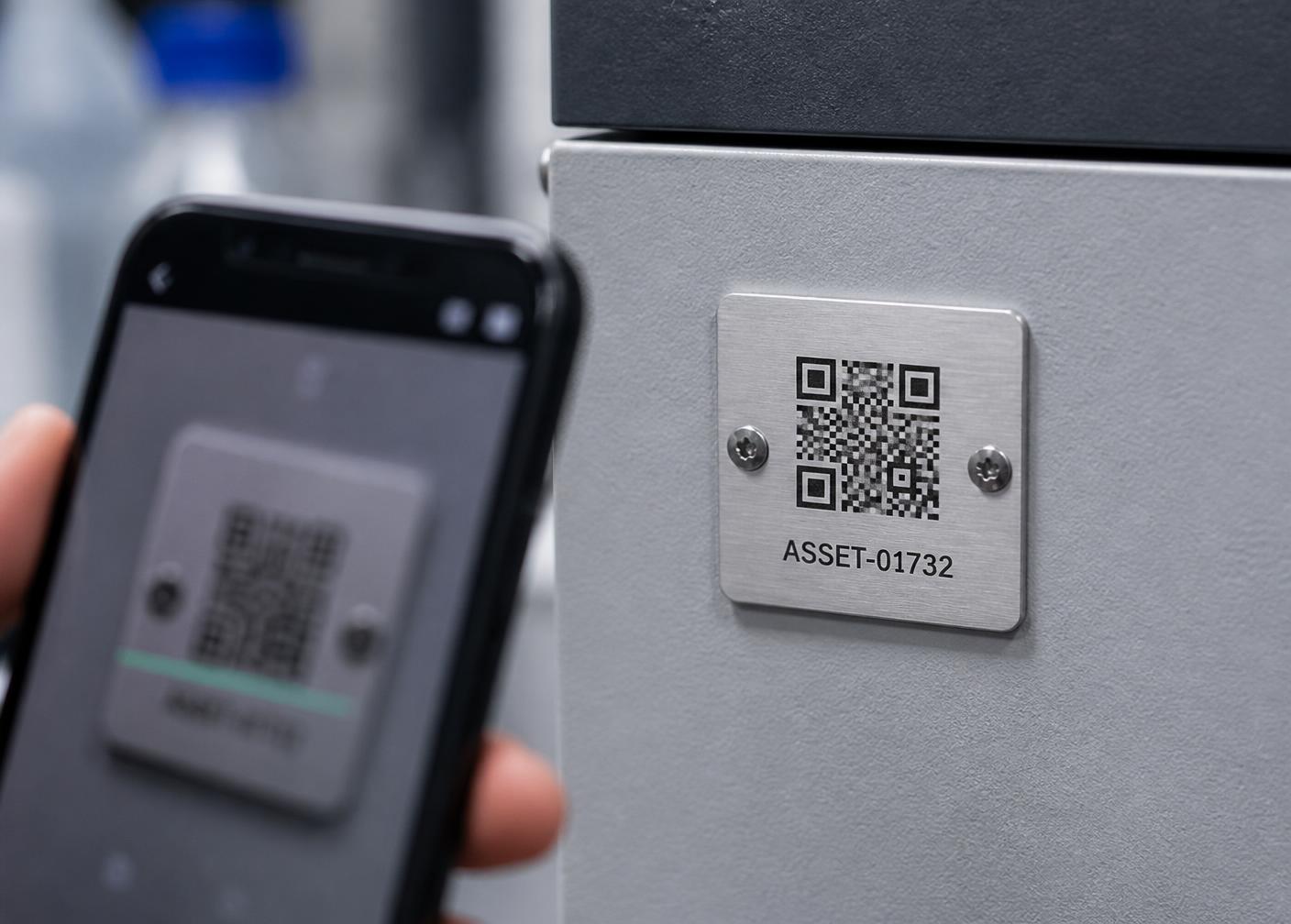 QR code asset tag on laboratory equipment being scanned with a phone