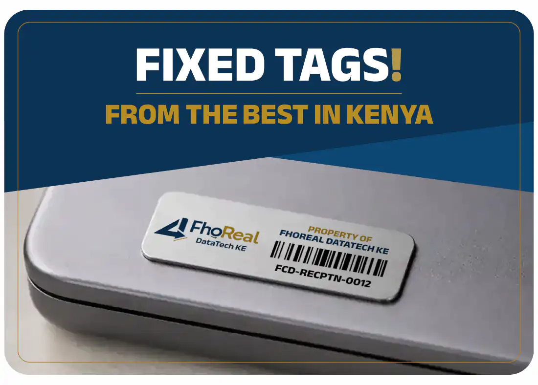 Aluminium asset tag with engraved serial number fixed to a laptop