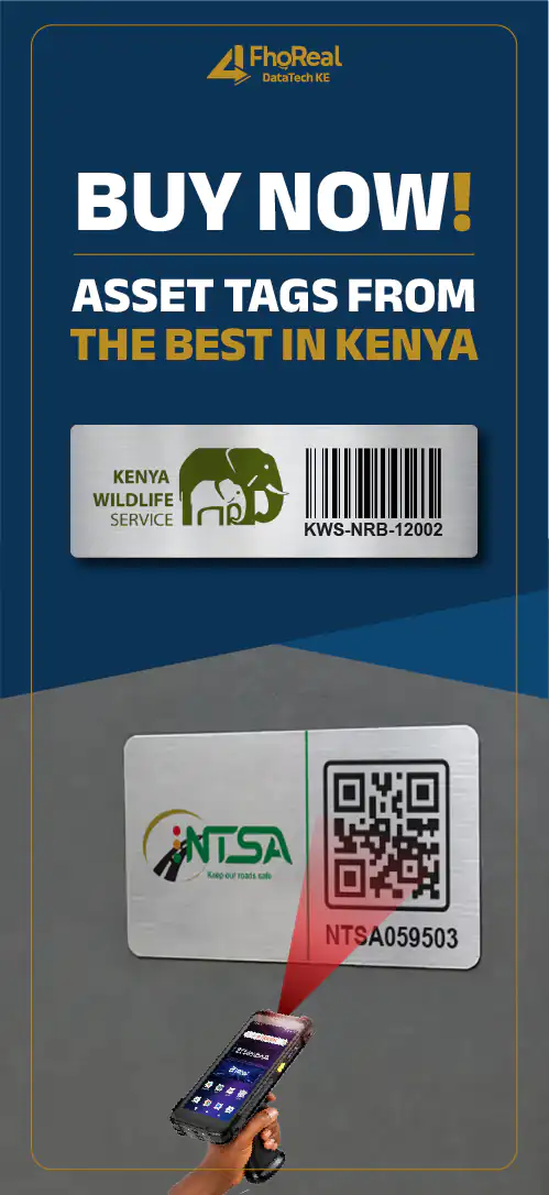 Scannable barcode and QR code aluminium asset tags for Kenyan institutions